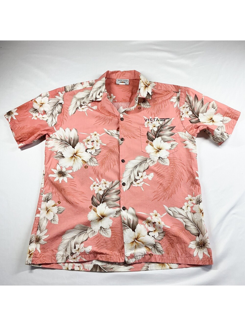 Pacific Legend Hawaiian Shirt Floral Print Button-Up Casual Pink Embroidered Lrg